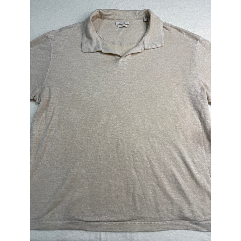Porter & Ash Mens Large 100% Linen Short Sleeve Polo Shirt Oatmeal Beige V-Neck